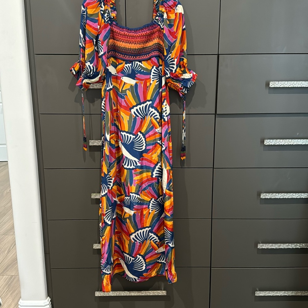 NWT FARM Rio Rainbow Toucan Smocked Maxi Dress Multi XS